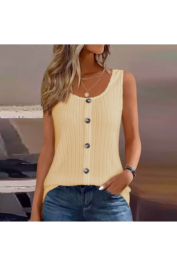 Womens Ribbed Tank Top Sleeveless Casual Shirt with Buttons, Plus Size Stretchy U-Neck Cami for Women, Yellow, S-5XL,Size M