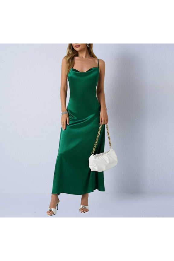 Womens Satin Maxi Dress Cowl Neck Slip - Elegant Evening, Wedding Guest & Casual Long Dress with Spaghetti Straps in Emerald Green,Size M