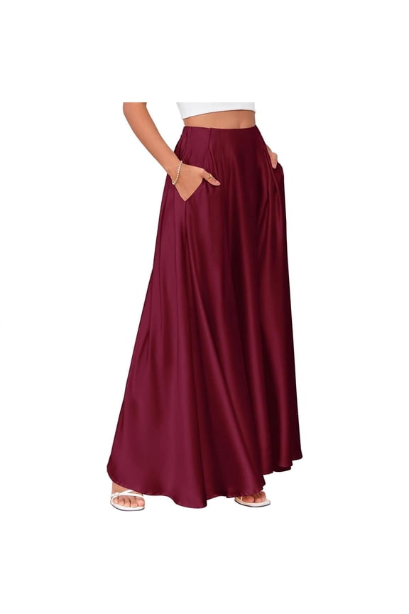 Womens Satin Maxi Skirt High Waisted with Pockets, Wine Red A-Line Long Skirt for Wedding Guest Date Night Plus Size Machine Washable,Size XL