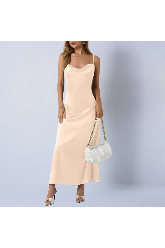 Womens Satin Slip Maxi Dress with Cowl Neck & Spaghetti Straps, Beige Casual Elegant Evening Dress,Size L