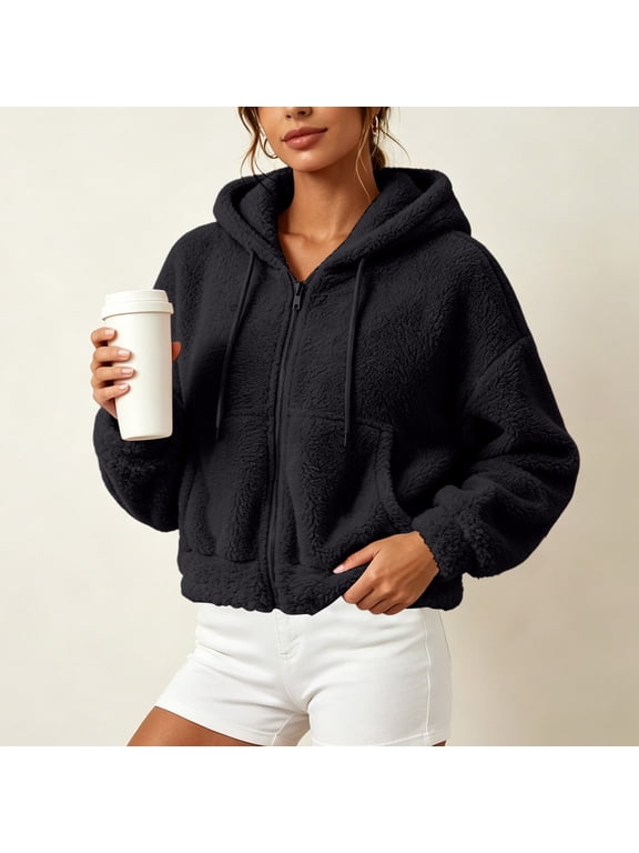 Womens Sherpa Fleece Jacket - Oversized Cropped Zip-Up Hooded Fuzzy Coat, Black,Size 2XL