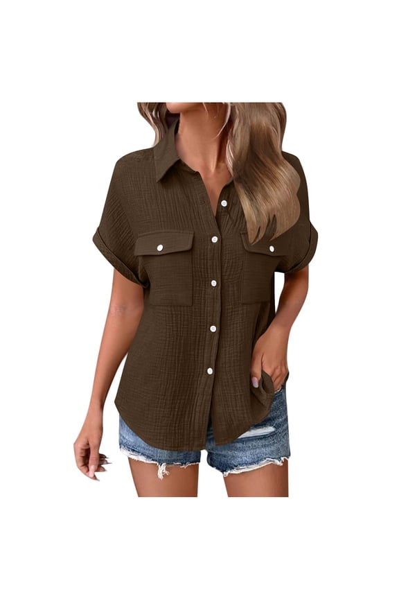 Womens Short Sleeve Button Down Shirt 100% Cotton Gauze Relaxed Fit with Pockets Coffee,Size 2XL