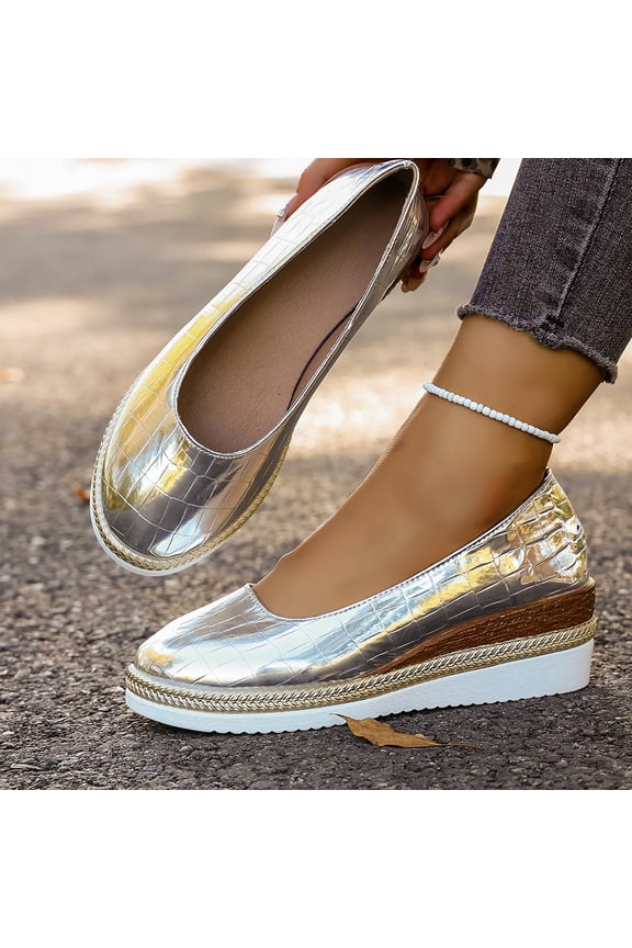 Womens Silver Metallic Platform Loafers Slip On Wedge Shoes Chunky Croc Embossed Comfort Casual (Sizes 5.5-9),Size 9