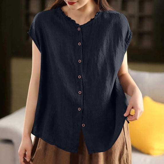 ZunFeo Womens Sleeveless Blouse Relaxed Fit Button Down Shirt, Plus Size Casual Top with Ruffle Neck in Navy,Size M