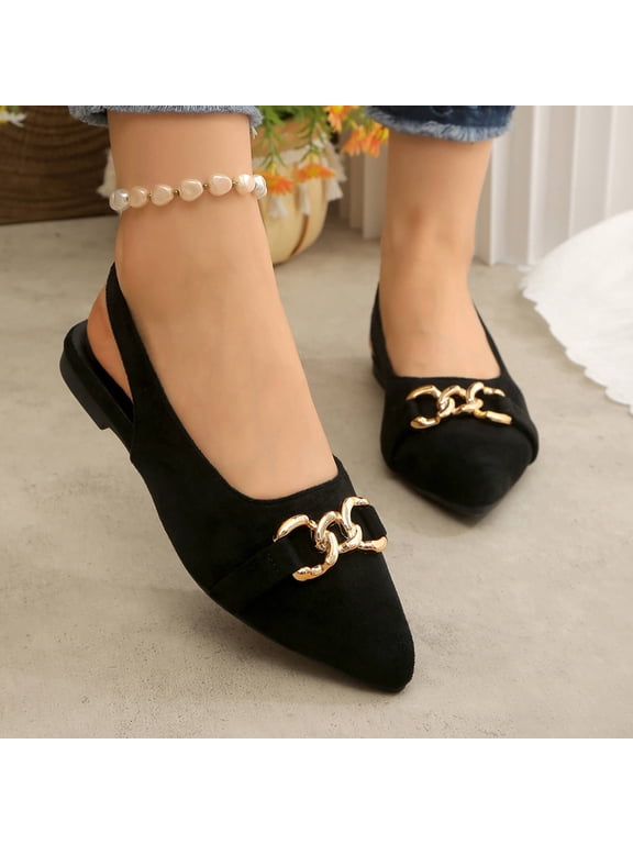 Womens Slingback Flats with Buckle - Black Pointed Toe Low Heel Dress Shoes for Women, Comfortable Casual & Office Flats Size 6.5