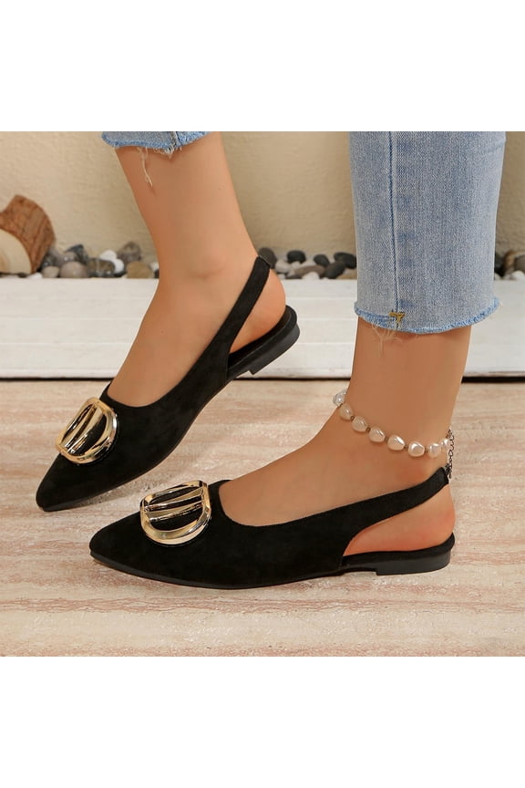 Womens Slingback Flats Pointed Toe Dress Shoes, Comfortable Faux Suede Flats with Gold Buckle for Work Casual, Black,,Size 9