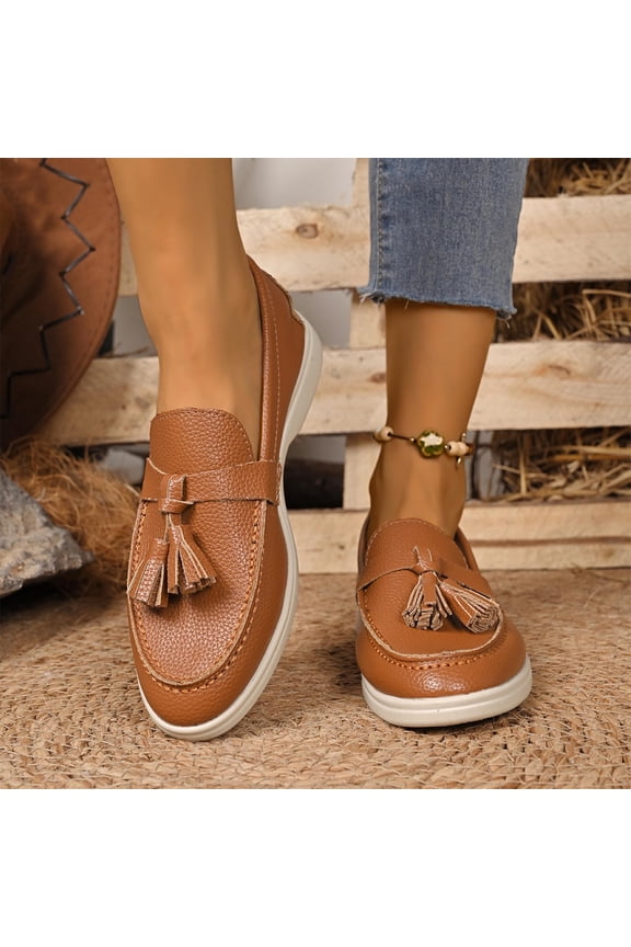 Womens Slip On Loafers Casual Flat Shoes for Women Comfortable Driving Shoes with Tassel Round Toe Brown Tan,Size 9.5