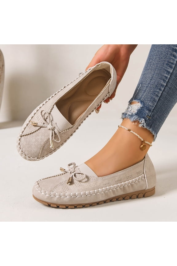 Womens Slip On Loafers - Comfortable Casual Shoes with Bow Detail, Elastic Band & Memory Foam Insoles for Wide Feet in Beige, US Size 7,Size 7