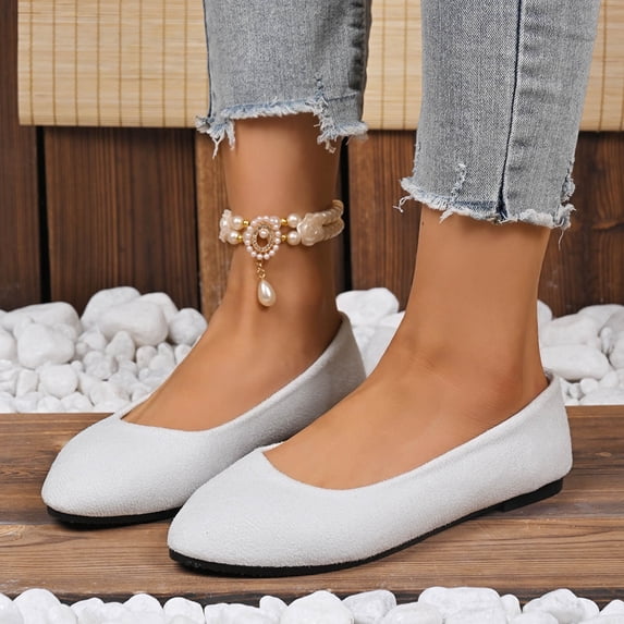 ZunFeo Womens Slip On Round Toe Ballet Flats Faux Suede Lightweight Non-Slip Sole Comfortable Casual Walking Shoes White,Size 5.5