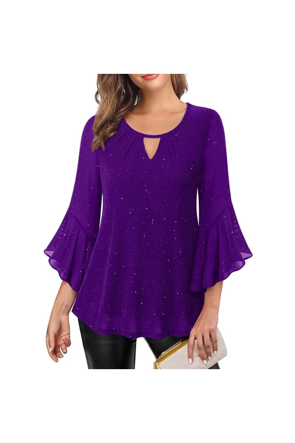 Womens Sparkly Purple Top | Glitter Tunic Blouse with Bell Sleeves & Keyhole Neckline for Women | Casual and Party Shirt,Size M