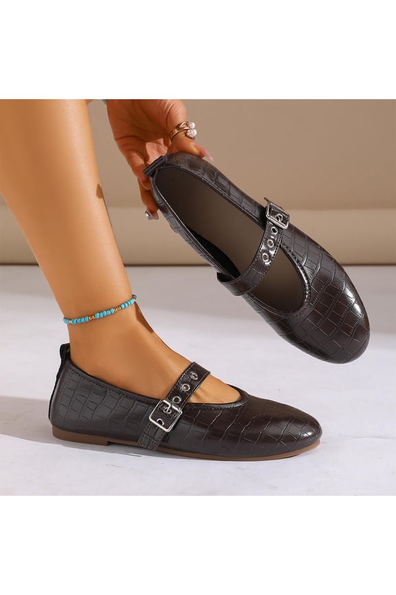 Womens Square Toe Mary Jane Flats Faux Faux Leather Croc Embossed Ballet Flats Adjustable Strap Comfort Work Shoes Brown,Size 8.5