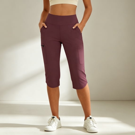 ZunFeo Womens Stretch Quick Dry Capri Pants High Waisted with Pockets for Yoga Hiking Casual Wine,Size 2XL