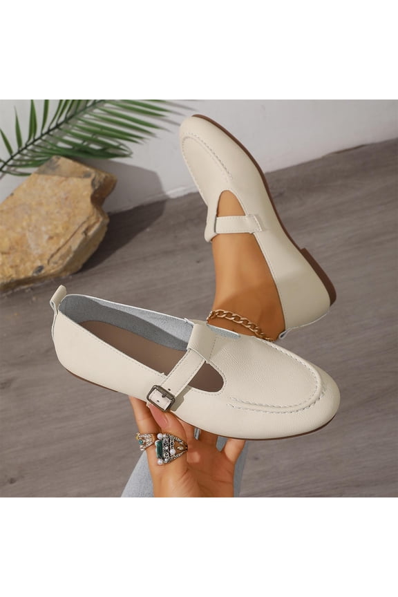Womens T-Strap Loafers Round Toe Faux Faux Leather Flat Comfort Shoes Casual Work Buckle Flats Beige,Size 9