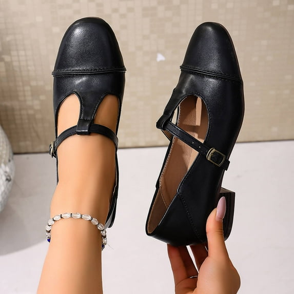 ZunFeo Womens T-Strap Mary Jane Shoes - Chunky Low Heel Square Toe Casual Work Shoes - Slip Resistant Rubber Sole - Black (Sizes 5.5-7.5),Size 7