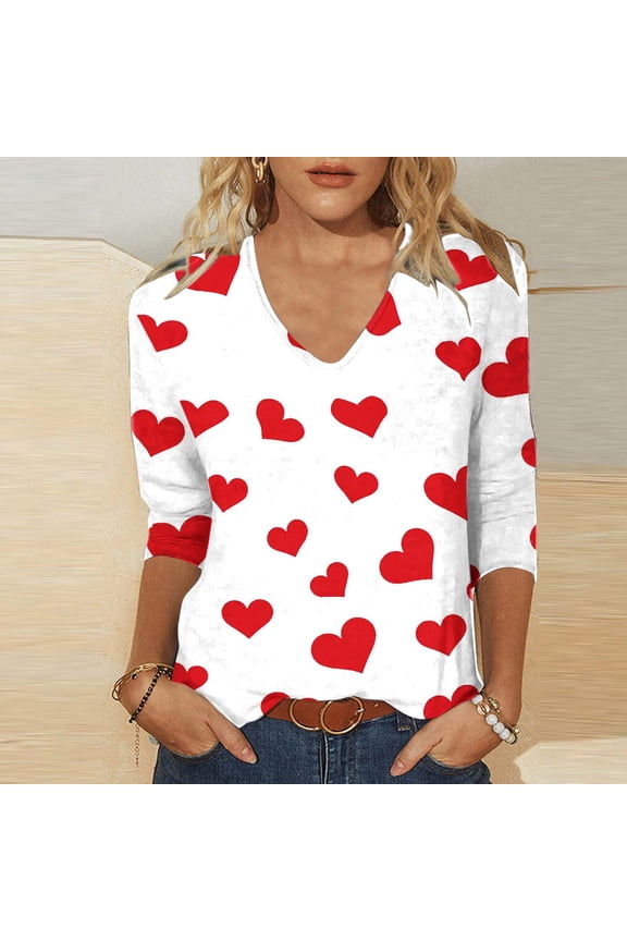Womens V-Neck Long Sleeve Top Red Heart Print Valentine's Day Shirt Relaxed Fit Stretchy Soft Blouse S-XXXL,Size 3XL
