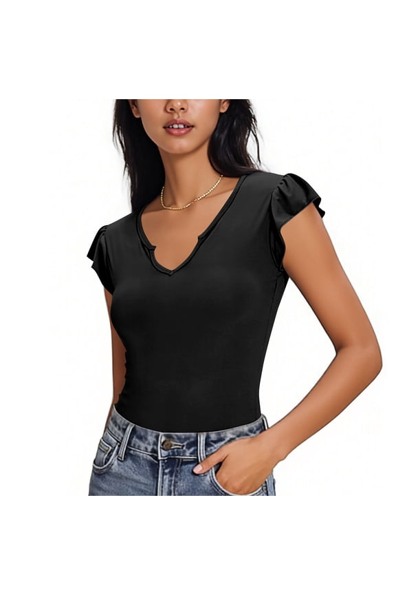 Womens V-Neck Ruffle Sleeve Top Flutter Sleeve Casual Going Out Blouse Stretchy Slim Fit Crop Top Black,Size M