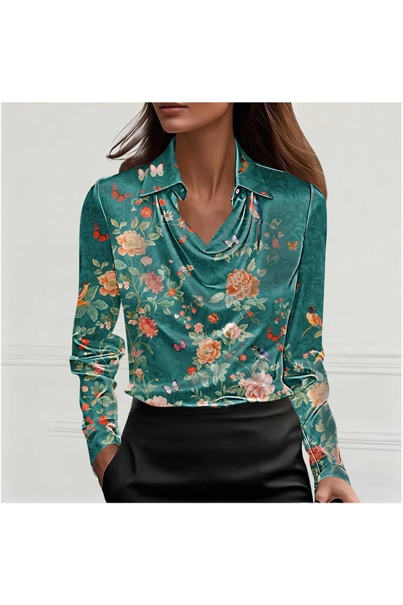 Womens Vintage Floral & Bird Print Long Sleeve Blouse, Satin Feel Wrinkle Resistant Top, Pointed Collar for Office Work Casual,Size 3XL