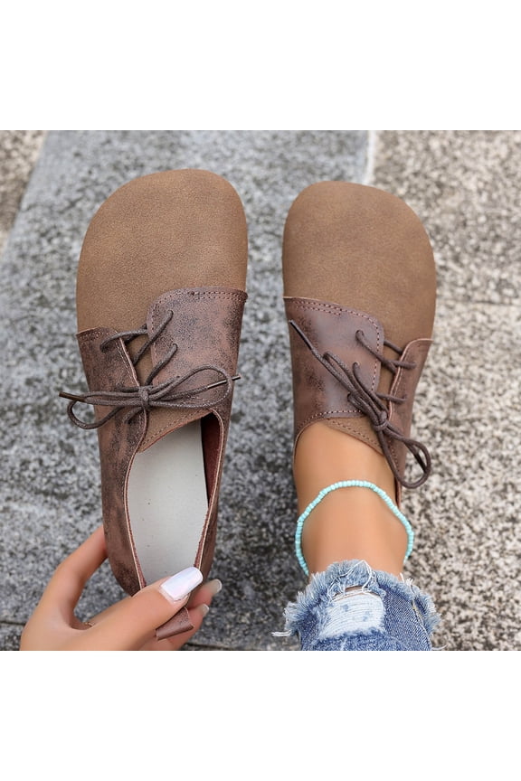Womens Walking Shoes Casual Comfort Sneakers, Retro Patchwork Low Top Lace Up PU Faux Leather Shoes for Women Easy Clean, Brown Sizes 5.5-9.5,Size 6