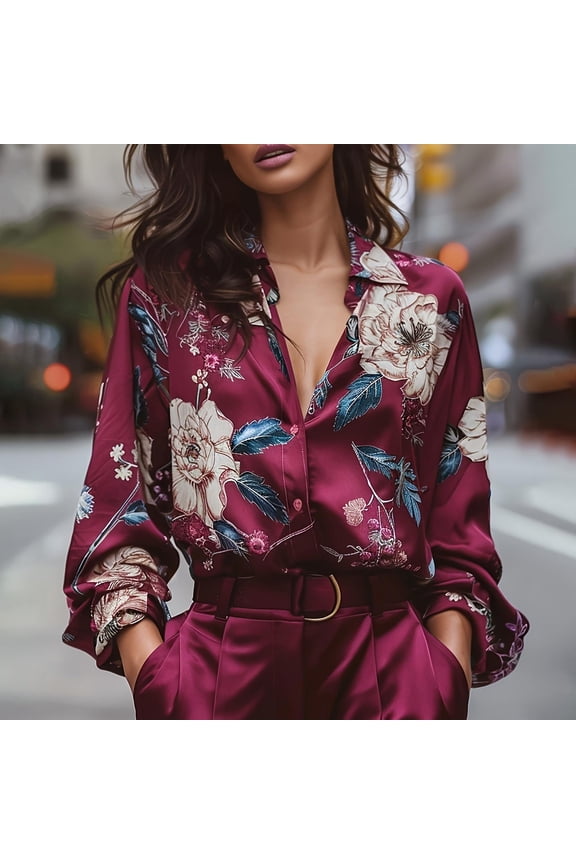 Womens Wine Floral Print Satin Shirt, Long Sleeve Belted V-Neck Blouse for Casual & Office Wear,Size 2XL