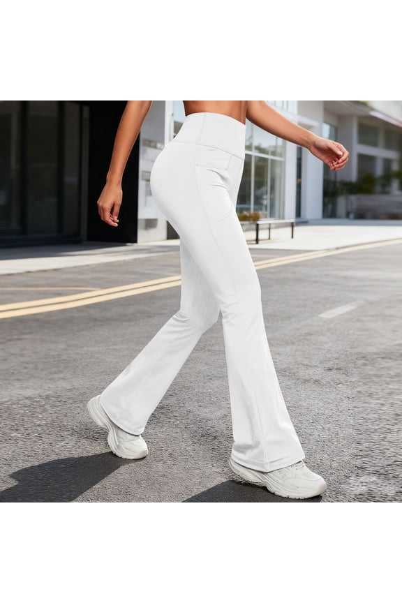 Womens Yoga Pants Flare Leggings High Waisted with Pockets, Tummy Control Athleisure Casual Flare Pants for Women - White,Size L
