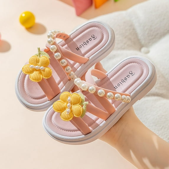 ZunFeo Yellow Girls Sandals Floral Pearl Decor 2-in-1 Convertible, Removable Ankle Strap Summer Casual PVC Shoes for Kids Little Kids US 8T-4Y,Size 5.5 T