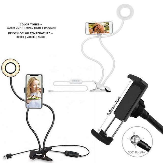 Zunammy ZTLAMP3000BK 3.5 in. LED Personal Live Stream Ring Light Kit with Table Clamp & Phone Holder, Black