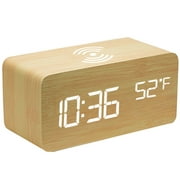 Zunammy Wooden Digital LED Alarm Clock with Wireless Charger Qi Pad - Wooden