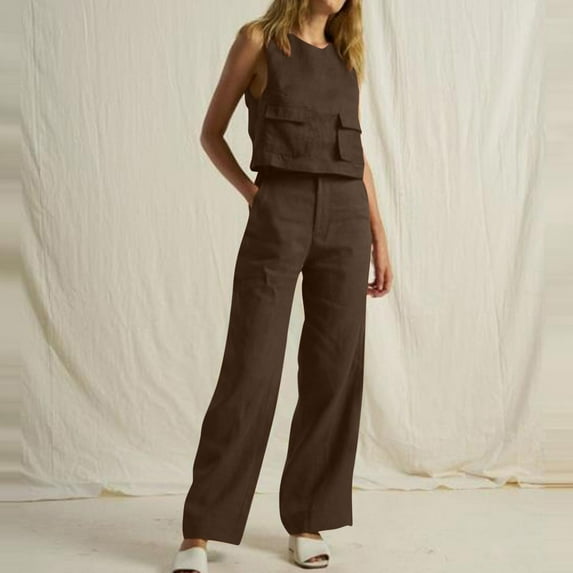 Zunfeo 2 Piece Outfits for Women Sleeveless Cotton Linen Tops with Wide Leg Pants Casual Loose Fit Solid Summer Outfit Lounge Sets- Coffee Size 10