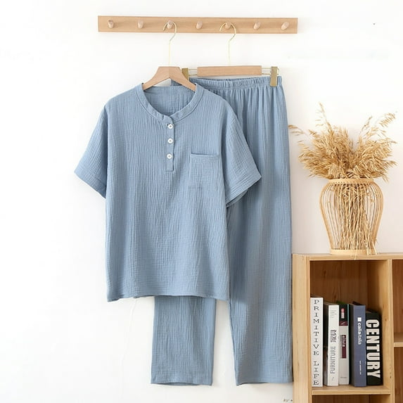 Zunfeo 2 Piece Women Pajama Set Comfort Seersucker Short Sleeve Tops and Pants Loose Fit Loungewear Sleepwear Sets- Blue L