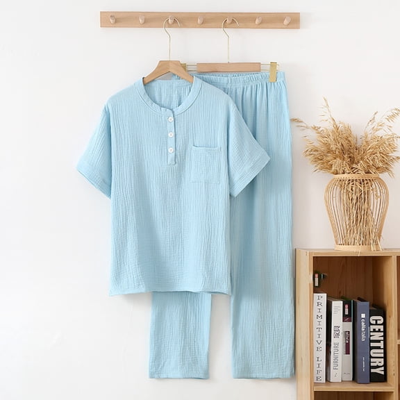Zunfeo 2 Piece Women Pajama Set Comfort Seersucker Short Sleeve Tops and Pants Loose Fit Loungewear Sleepwear Sets- Light Blue M
