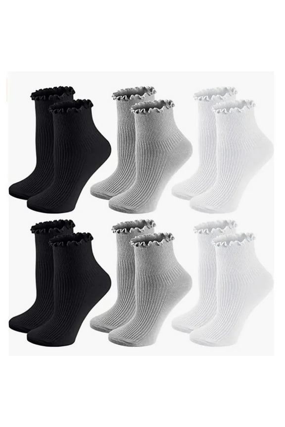 6PC Ankle Socks for Women Casual Cozy Ruffles Low Cut Crew Cotton Socks, Gray
