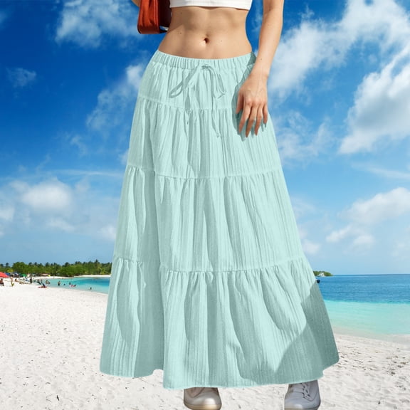 Zunfeo Boho Skirts for Women Elastic High Waisted Pleated Skirts A-line Maxi Prairie Skirt for Vacation Beach Blue L