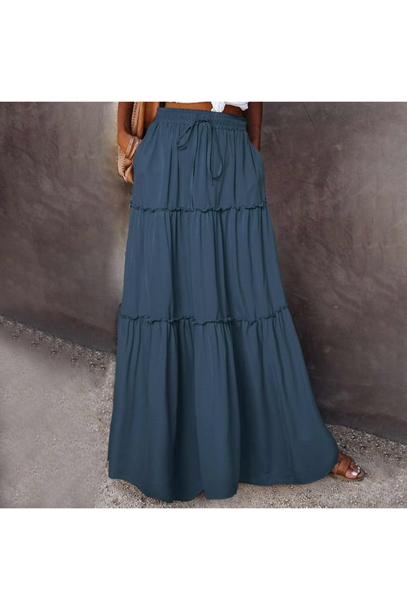 Boho Skirts for Women Ruched Vintage Casual Prairie Skirt Ruffles Elastic High Waisted Maxi Holiday Skirts Blue 12