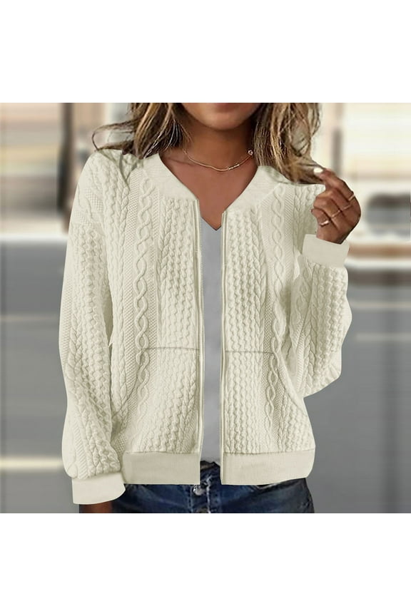 Bomber Jacket Women Casual Knit Fall Jacket Zipper Sweatshirts Shackets with Pockets- Beige 2XL