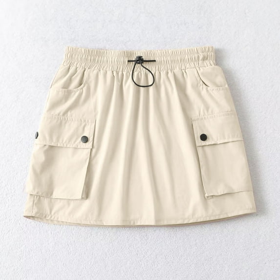 Zunfeo Cargo Skirt for Women with Pockets Casual Comfy Low Rise Drawstring Hip Pleated Skirt Fashion Sports Tennis Yoga Mini Skirt Streetwear- Beige Size M