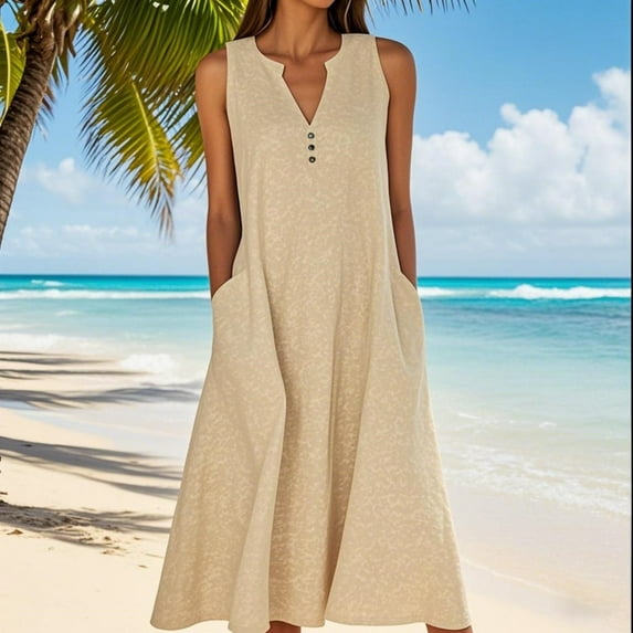 Zunfeo Summer Dresses for Women Cotton Linen Dress 2025 Vacation Beach Sleeveless Sundress Yellow L
