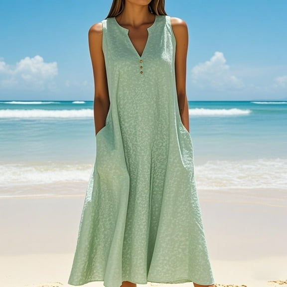 Zunfeo Summer Dresses for Women Cotton Linen Dress 2025 Vacation Beach Sleeveless Sundress Green XL
