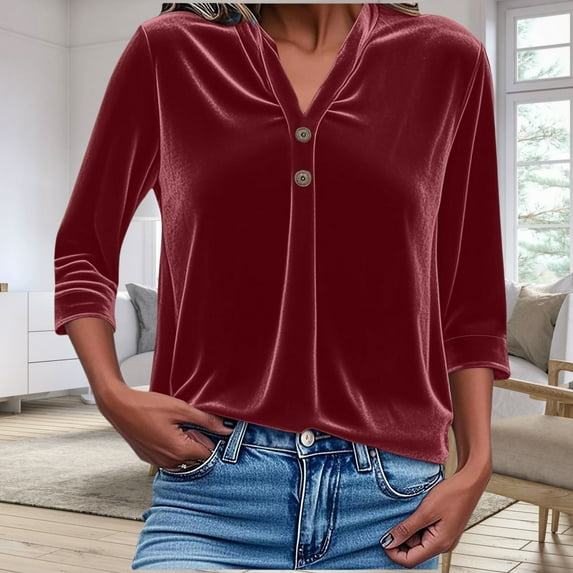 Zunfeo Velvet Tops for Women Long Sleeve Dressy Blouse Soft Vintage V-Neck Fall Winter Tops Wine S