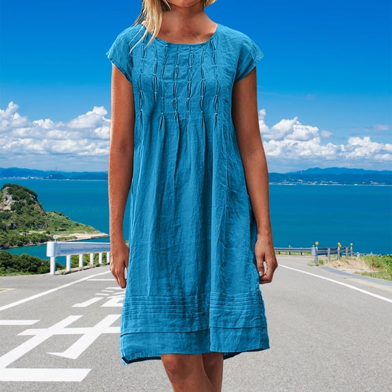 Zunfeo Cotton Linen Dress for Women Casual Beach Boho Summer Dress Pleated A-line Sundress Clearance Sky Blue S