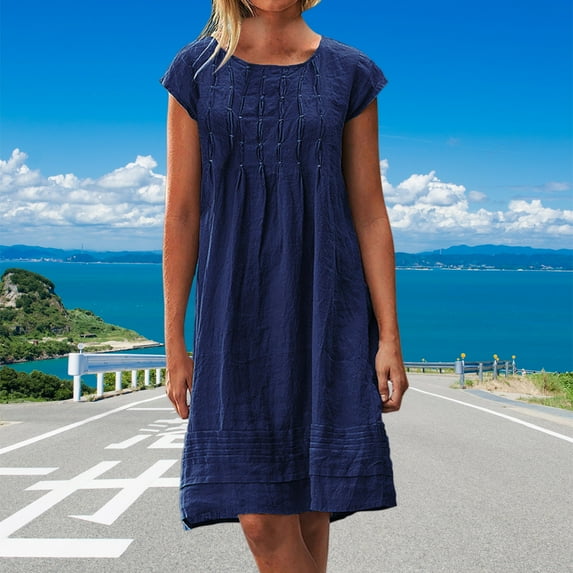 Zunfeo Cotton Linen Dress for Women Casual Loose Summer Sundress Flowy Beach Boho Dresses Blue S
