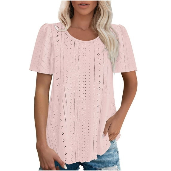 Zunfeo Eyelet Tops for Women Puff Sleeve Dressy Blouse Short Sleeve Summer Tops New Arrivals Pink