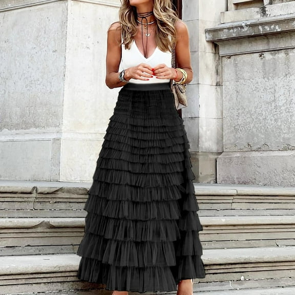 Zunfeo Fall Skirts for Women 2023 High Waisted Tiered Skirt Mesh Holiday Trendy Elegant Midi Wedding Party Tulle Skirt Black 4