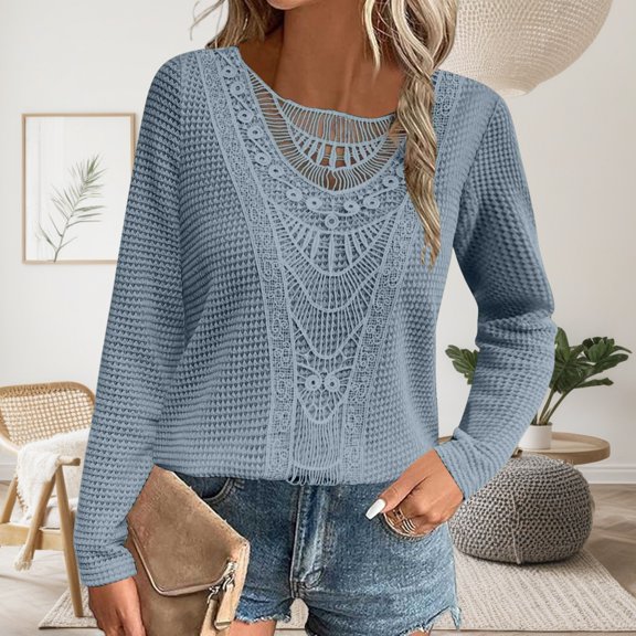 Zunfeo Fall Tops for Women 2025 Long Sleeve Lace Tops Casual Crew Neck Pullover Dressy Blouse Blue S
