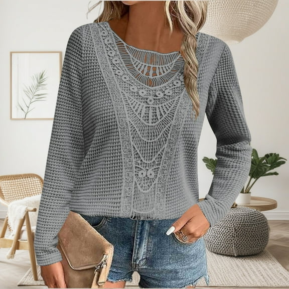 Zunfeo Fall Tops for Women 2025 Long Sleeve Lace Tops Casual Crew Neck Pullover Dressy Blouse Gray 2XL