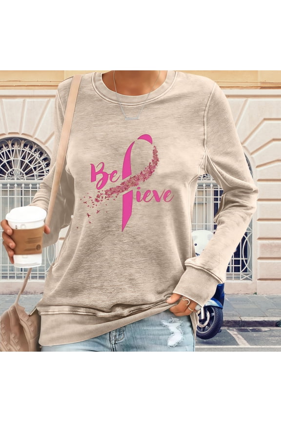 Fall Tops for Women Casual Breast Cancer Awareness Shirts Cozy Long Sleeve T Shirts Christmas Gift Beige
