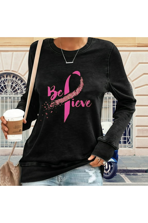 Fall Tops for Women Casual Breast Cancer Awareness Shirts Cozy Long Sleeve T Shirts Christmas Gift Black