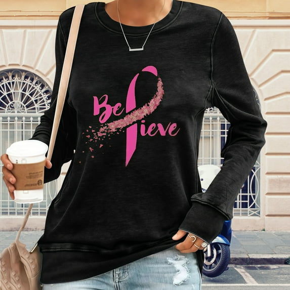 Zunfeo Fall Tops for Women Casual Breast Cancer Awareness Shirts Cozy Long Sleeve T Shirts Christmas Gift Black