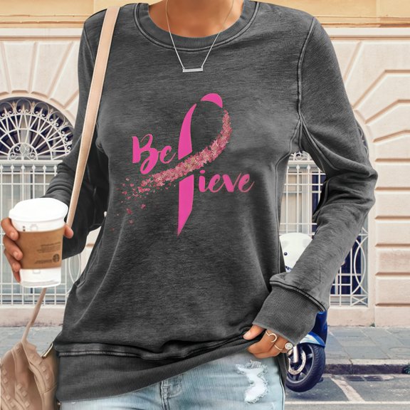 Zunfeo Fall Tops for Women Casual Breast Cancer Awareness Shirts Cozy Long Sleeve T Shirts Christmas Gift Gray