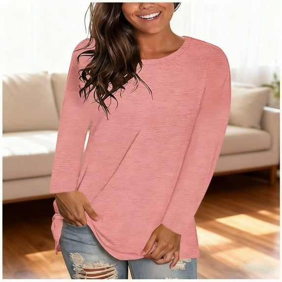 Zunfeo Fall Tops for Women Long Sleeve Tunic T Shirts Casual Loose Pullover Basic Tops Pink M