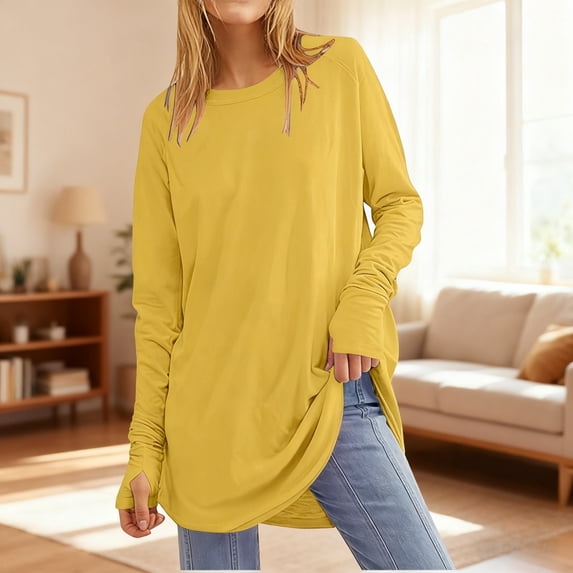 ZunFeo Long Sleeve Shirts for Women Loose Casual Fall Tops Oversize T Shirts Sun Protection Clothing Yellow S